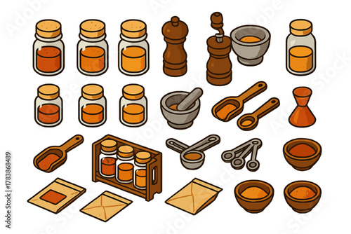Detailed isometric set of kitchen spices, seasoning jars, wooden scoops, and grinding tools