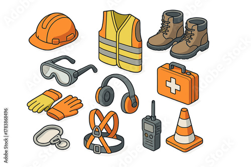 Essential personal protective equipment and construction safety gear set including hard hat vest boots and radio
