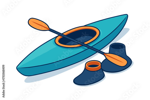 Bright blue kayak with orange paddle and dark water booties ready for paddling