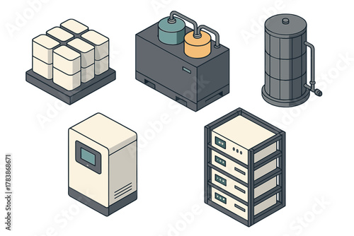 Isometric collection of industrial equipment, storage tanks, server racks, and processing units