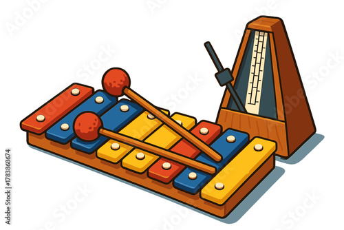 Vibrant xylophone percussion instrument with colorful bars and mallets next to a traditional metronome