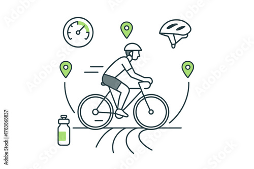 Cyclist riding on a road surrounded by essential gear icons including helmet, speedometer, and GPS pins