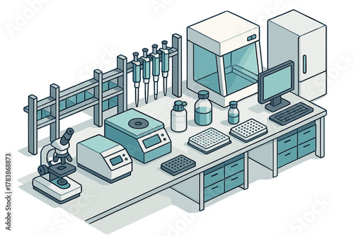 Modern scientific research laboratory workbench setup with essential analytical equipment