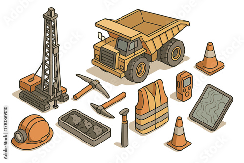 Isometric heavy mining dump truck, drilling rig, safety helmet, and construction tools
