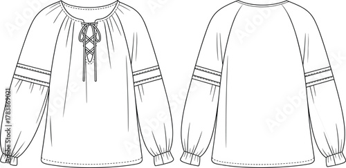 Women’s blouse illustration, lace‑up neckline, voluminous sleeves, gathered cuffs, decorative bands, technical garment sketch, front and back view