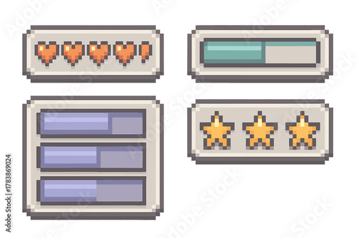 Retro pixel art game interface elements featuring health bar hearts, progress bars, and star rating display