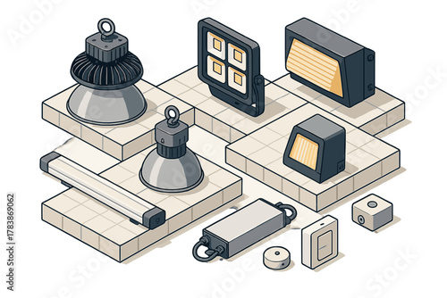 Isometric set of commercial and industrial LED lighting fixtures and components
