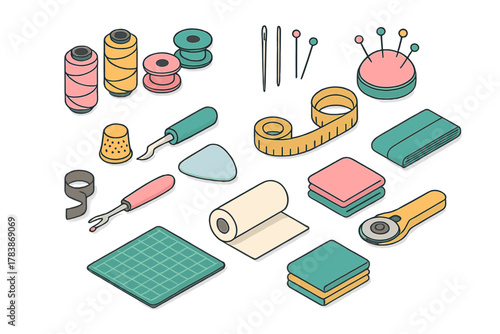 Colorful isometric collection of sewing and tailoring tools and supplies for textile crafting