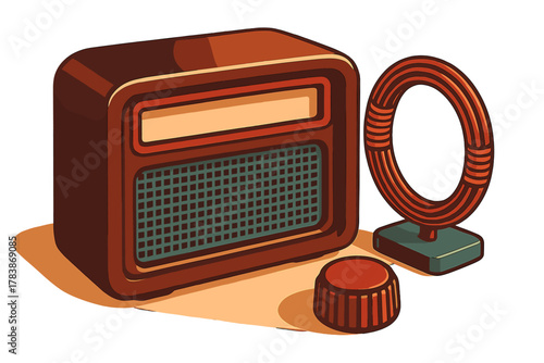 Classic retro style radio set with external loop antenna and control knob for broadcast listening