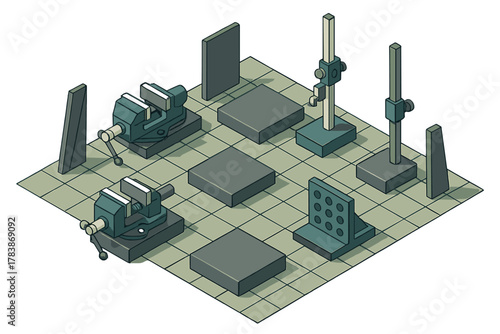 Precision workshop tools assembly including machine vices, angle plates, and height gauges