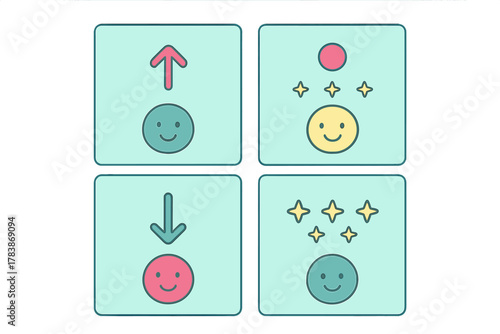 Four square icons representing positive and negative feedback, rating, and status change