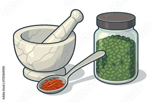 Traditional marble mortar and pestle set with dried herbs and spices for culinary preparation