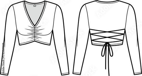 Women’s cropped top illustration, deep V‑neckline, ruched bust detail, lace‑up back, long sleeves, technical garment sketch, front and back view