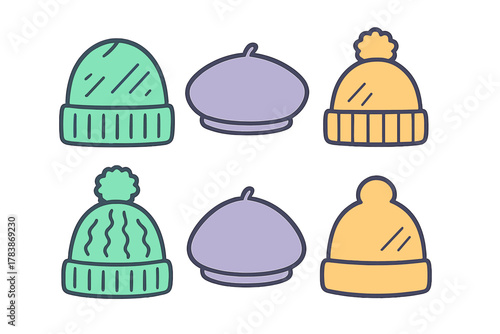 Six colorful winter hats and berets arranged in a repeating seamless pattern design
