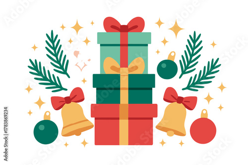 Stack of festive Christmas gift boxes surrounded by bells, ornaments, and fir branches