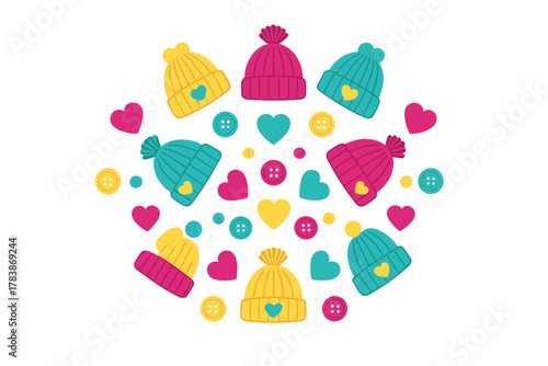 Brightly colored winter knit hats with pom poms and heart patches and decorative buttons