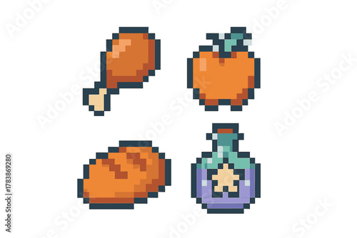 Retro pixelated game icons including food items, chicken drumstick, bread, apple, and magical potion