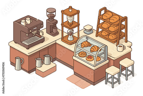 Detailed isometric view of a modern cafe counter with coffee maker, baked goods display, and customer stools