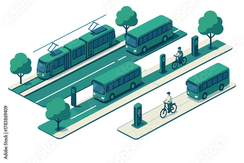 Sustainable urban transport infrastructure featuring tram, buses, and cyclists