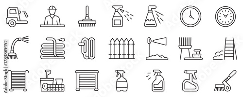 Professional cleaning service icons set for home and business maintenance, featuring tools, supplies, and maintenance equipment for pristine results