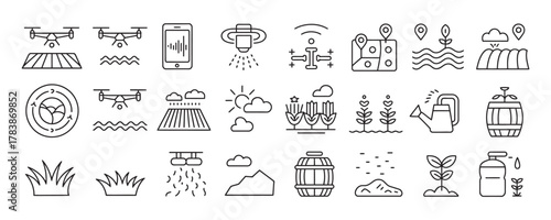 Modern agriculture icons for innovative farming and smart technology applications showing field automation, drone monitoring, irrigation, and healthy crops