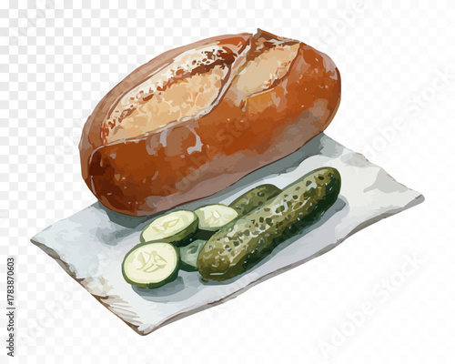 Watercolor illustration of bread loaf with pickles and cucumber slices, rustic hand-painted food clipart for kitchen decor, farm breakfast art, cafe design, and bakery projects. Vector illustration.