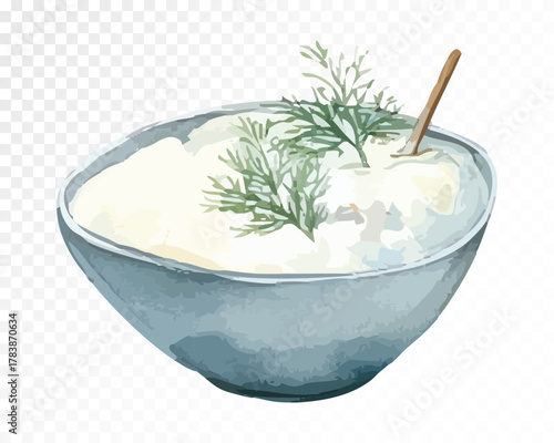 Watercolor illustration of creamy sour cream or mashed potatoes with dill in blue ceramic bowl, hand-painted rustic food clipart for kitchen decor, recipe design, and restaurant art. Vector illustrati