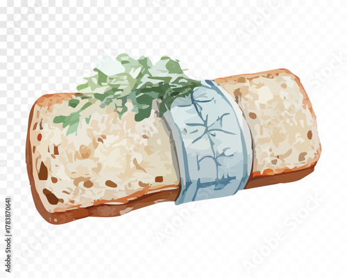 Watercolor illustration of rustic bread slice with butter and herbs wrapped in blue fabric napkin, hand-painted farmhouse food clipart for kitchen decor, cafe design, and country breakfast art. Vector