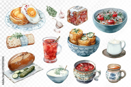 Watercolor rustic cuisine set with traditional food and drinks — pancakes, borscht, bread, pickles, meat, herbs, sour cream, compote, and pottery dishes. Vector illustration.