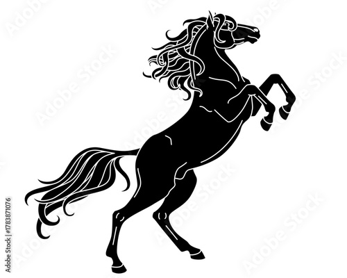 A rearing horse, a stallion with a long mane and tail – vector silhouette for a stencil, logo, or pictogram. Horse silhouette for stencil or printing.