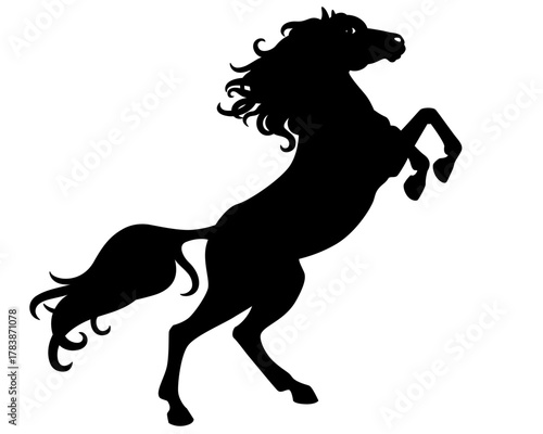 A rearing horse, a stallion with a long mane and tail – vector silhouette for a stencil, logo, or pictogram. Horse silhouette for stencil or printing.