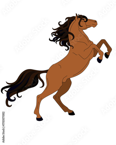 A rearing bay horse, a stallion with a long mane and tail - a full-color vector image. Bay stallion