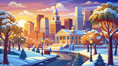 Very beautiful winter landscape of New England at sunrise after the first snowfall in Boston, Massachusetts, USA, featuring soft golden light, snow-covered trees, calm streets, and a realistic serene 