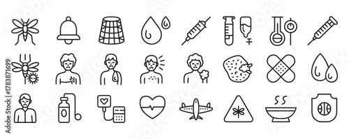 Essential malaria prevention and treatment icons for global health campaigns and awareness initiatives,vector line art style depicting mosquito bites, fever, and care