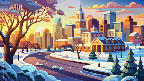 Very beautiful winter landscape of New England at sunrise after the first snowfall in Boston, Massachusetts, USA, featuring soft golden light, snow-covered trees, calm streets, and a realistic serene 