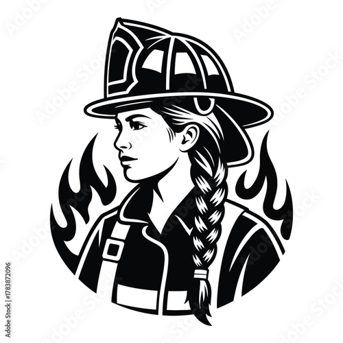 Brave woman firefighter with helmet and fire in black and white