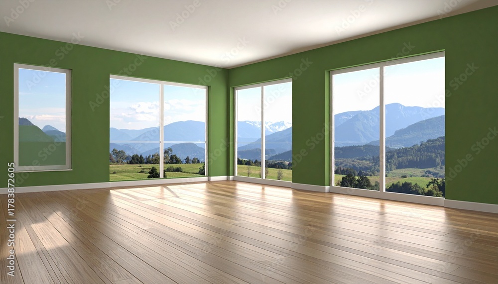 Fototapeta premium Bright and airy interior with mountain view showcasing modern design and architecture for real estate concepts.