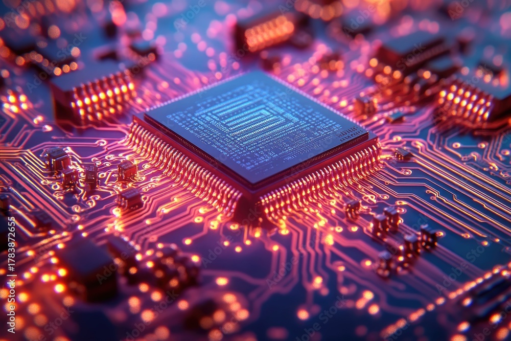 Obraz premium A glowing microchip on a vibrant circuit board, illustrating advanced technology and digital processing with striking blue and red light.