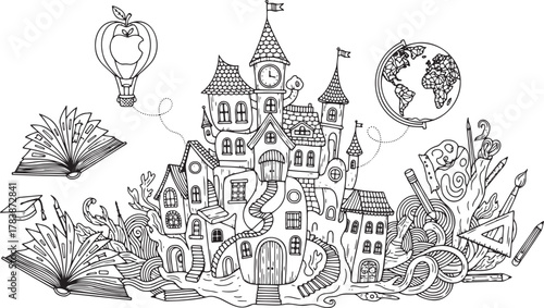 Whimsical Haunted Victorian Mansion: Spooky Old House Line Art