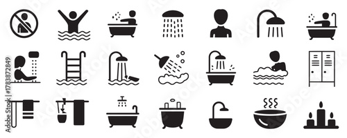 Relaxing bath and shower icons for spa retreats and personal care promotions with bathers, candles and lockers in a minimalist style