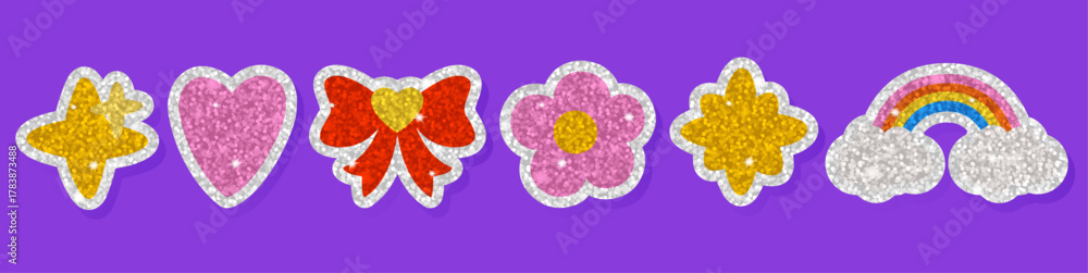 Naklejka premium Glitter sticker collection with butterfly, heart, bow, flower, star, and rainbow shapes. Sparkly sequin texture shines with glossy reflections. Cute y2k inspired retro kawaii korean sticker set.