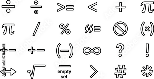 Mathematical and symbolic icons, vector illustration of math signs, programming symbols, logic notation, educational design, stock content for learning, coding, science