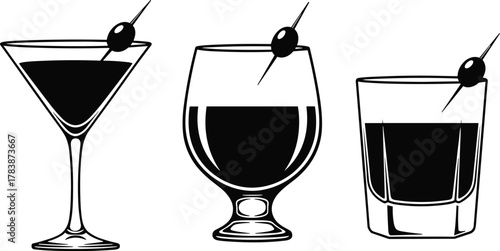 Minimalist vector illustration of martini glass, brandy snifter, and lowball cocktail glass with olive garnish, elegant black and white barware design