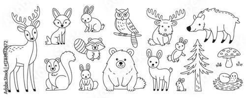 Adorable hand-drawn woodland creatures including deer, rabbit, bear, owl, and moose, perfect for children's designs or educational resources