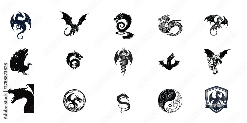 Naklejka premium Collection of stylized dragon and mythical creature illustrations with yin yang symbolism and tribal art elements