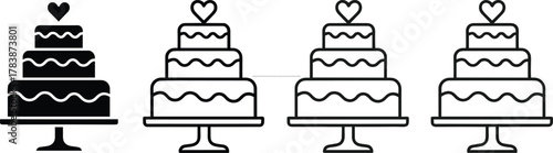 Stylized black and white vector illustration of three‑tier cakes with heart topper on stand, silhouette and outline variations, elegant celebration artwork designt