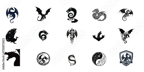 Collection of stylized dragon and mythical creature illustrations with yin yang symbolism and tribal art elements
