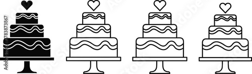 Stylized black and white vector illustration of three‑tier cakes with heart topper on stand, silhouette and outline variations, elegant dessert artwork design
