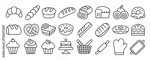 Delicious bakery icons set for your menu design featuring croissants, donuts, cakes, and breads in a clean, modern line art style