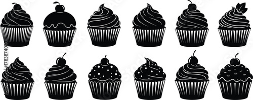 Stylized black silhouette vector illustration of twelve cupcakes with unique frosting, toppings, sprinkles, decorative liners, dessert artwork design collection